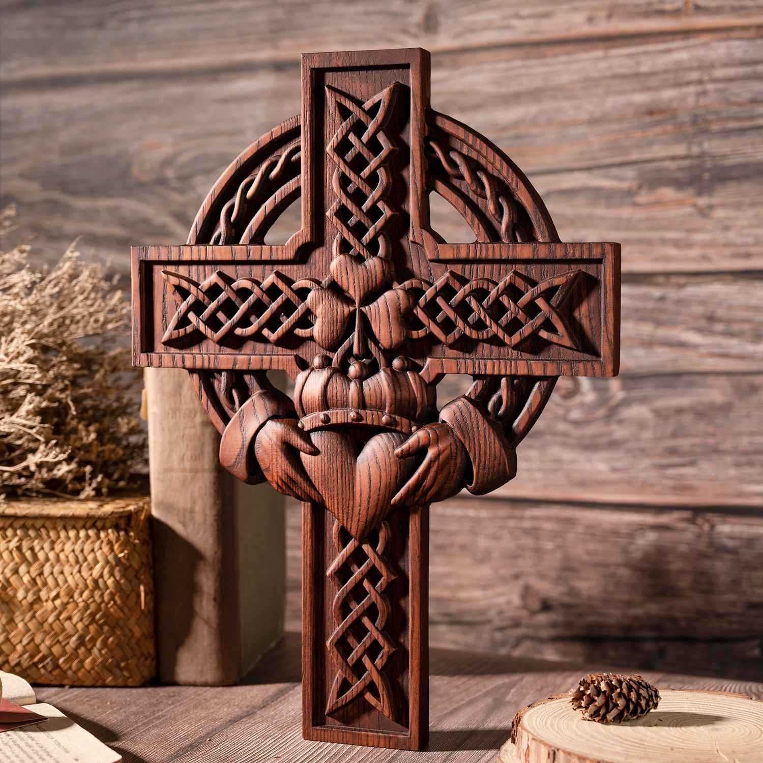 Rustic Claddagh Love Cross Wall Art – Intricate Wooden Celtic Knot Carving for Meaningful Room & Holiday Gift Decor