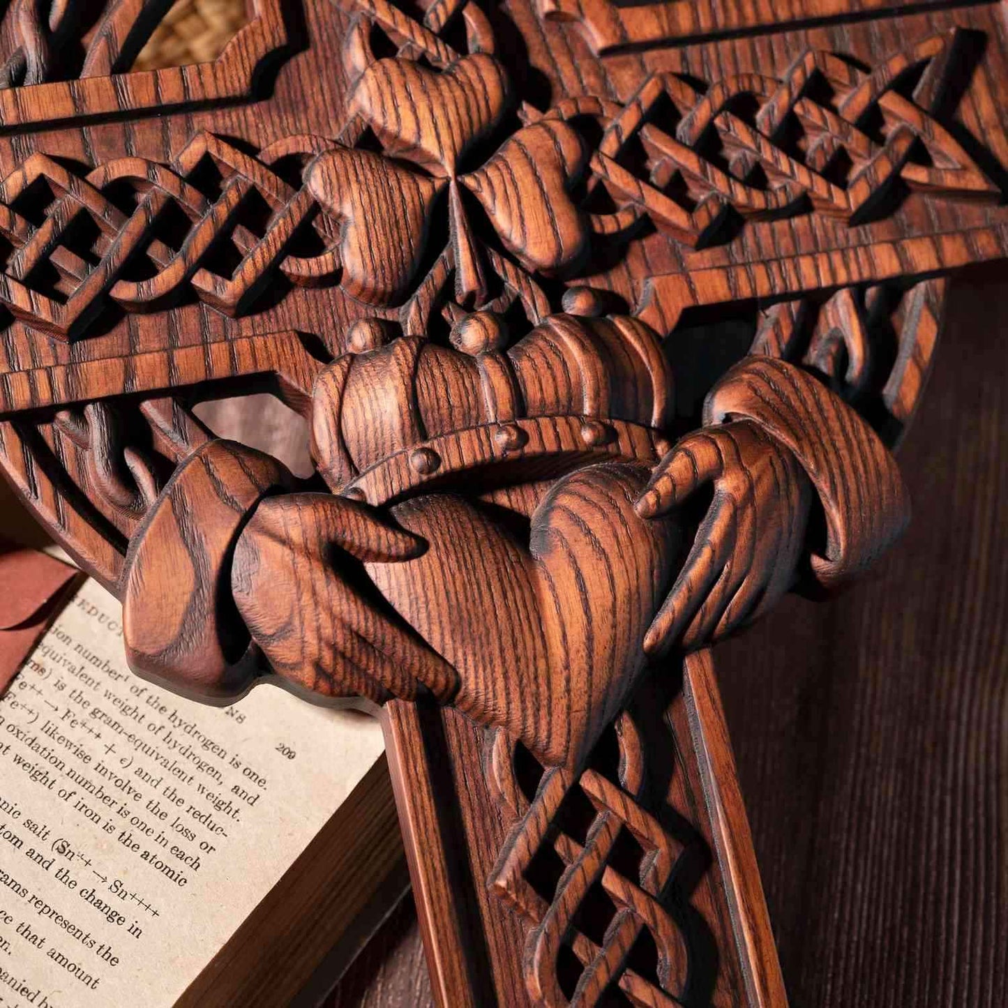 Rustic Claddagh Love Cross Wall Art – Intricate Wooden Celtic Knot Carving for Meaningful Room & Holiday Gift Decor