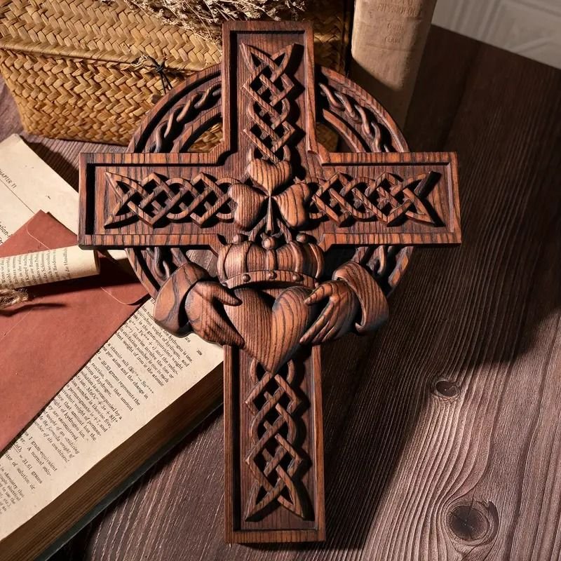 Rustic Claddagh Love Cross Wall Art – Intricate Wooden Celtic Knot Carving for Meaningful Room & Holiday Gift Decor