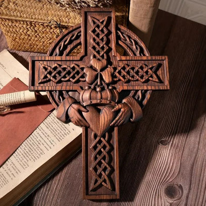 Rustic Claddagh Love Cross Wall Art – Intricate Wooden Celtic Knot Carving for Meaningful Room & Holiday Gift Decor