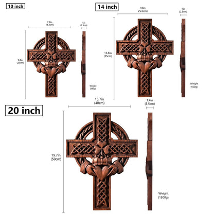 Rustic Claddagh Love Cross Wall Art – Intricate Wooden Celtic Knot Carving for Meaningful Room & Holiday Gift Decor