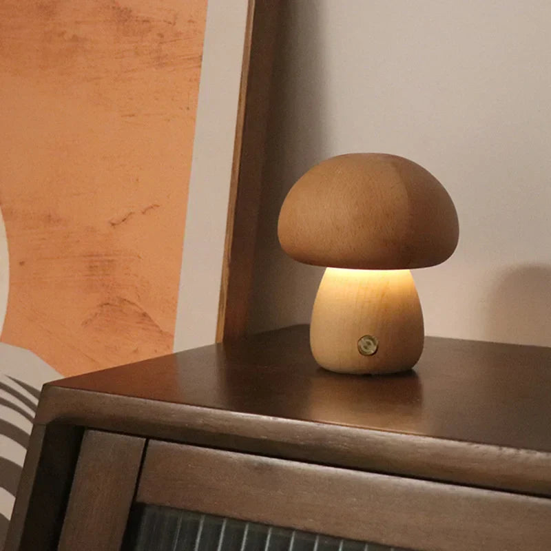 Sensory Switch Wood Mushroom LED Bedside Lamp - Pexav