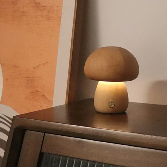 Sensory Switch Wood Mushroom LED Bedside Lamp - Pexav