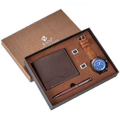 4Pcs Classic Men's Leather Watch Gift Box