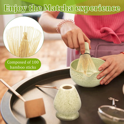 Matcha Set 5-Piece Green Ceramic Bowl Bamboo Whisk Holder Scoop-5