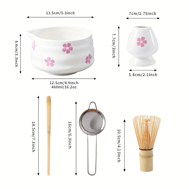 Matcha Set 5-Piece Cherry Blossom Ceramic Standard Size with Whisk for Authentic Tea Preparation-5