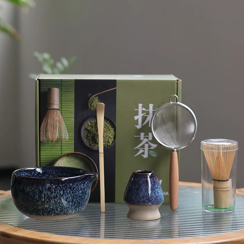 Traditional Blue Tea Set Bowl Whisk for Matcha Ceremony - Pexav