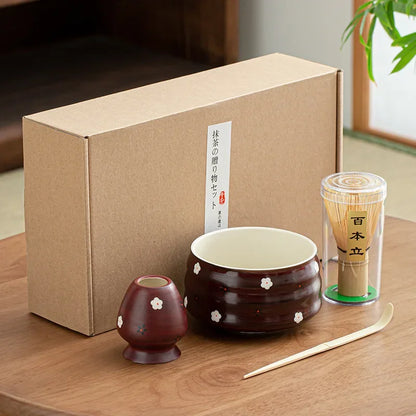 Ceramic Matcha Teaware Set Dark Red Standard Size Ceramic with Cherry Blossom Design-2