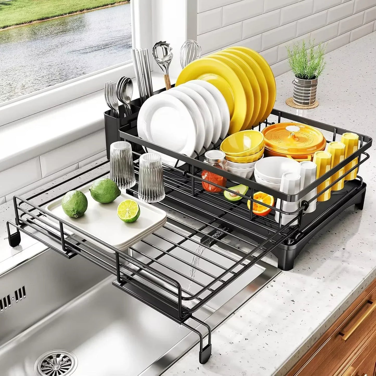 Space Saving Dish Rack with Tray & Utensil Holder