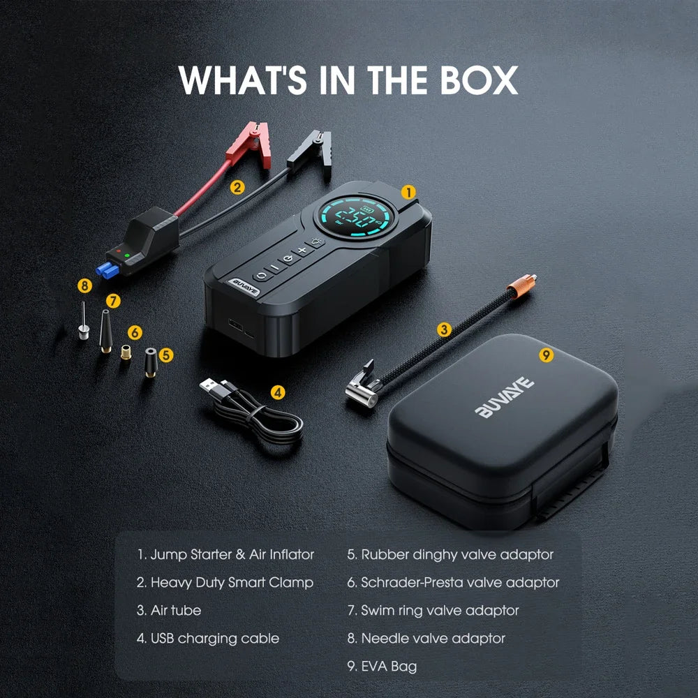 Compact Car Battery Booster with Air Pump & USB Charger