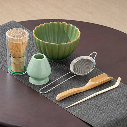 Japanese Matcha Bowl Set Green Standard Ceramic with Whisk and Scoop-4