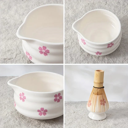 Matcha Set 5-Piece Cherry Blossom Ceramic Standard Size with Whisk for Authentic Tea Preparation-3