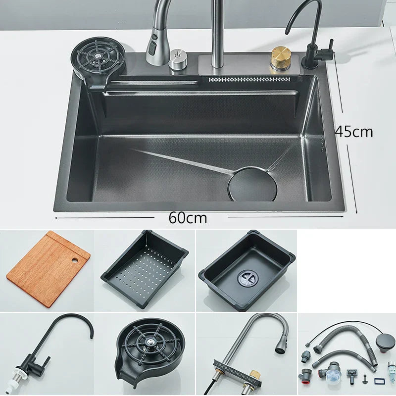 Modern Brushed Steel Kitchen Sink Faucet Waterfall Filter