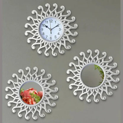 Decorative wall clock and mirrors with sunflower design on a gray background