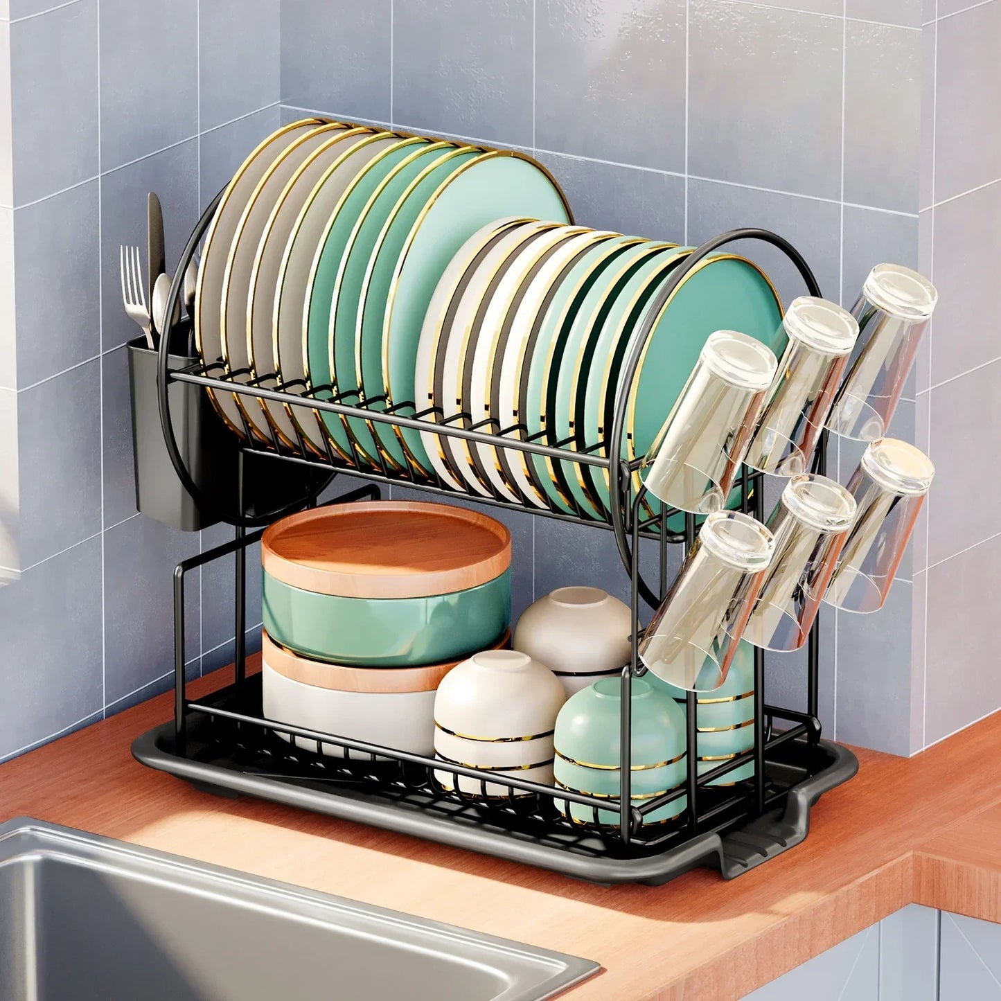 Compact 2-Tier Kitchen Dish Rack with Tray - Pexav