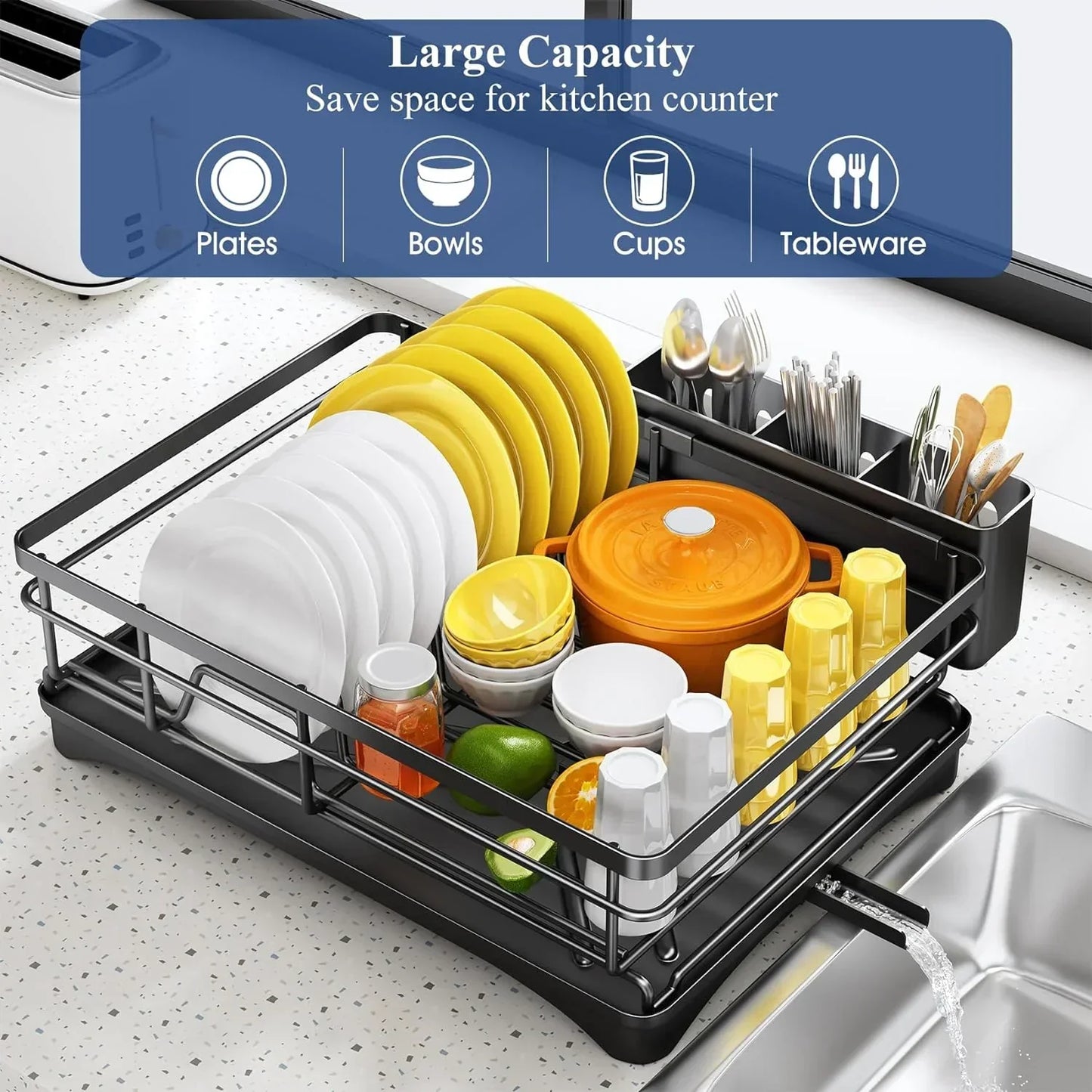Space Saving Dish Rack with Tray & Utensil Holder