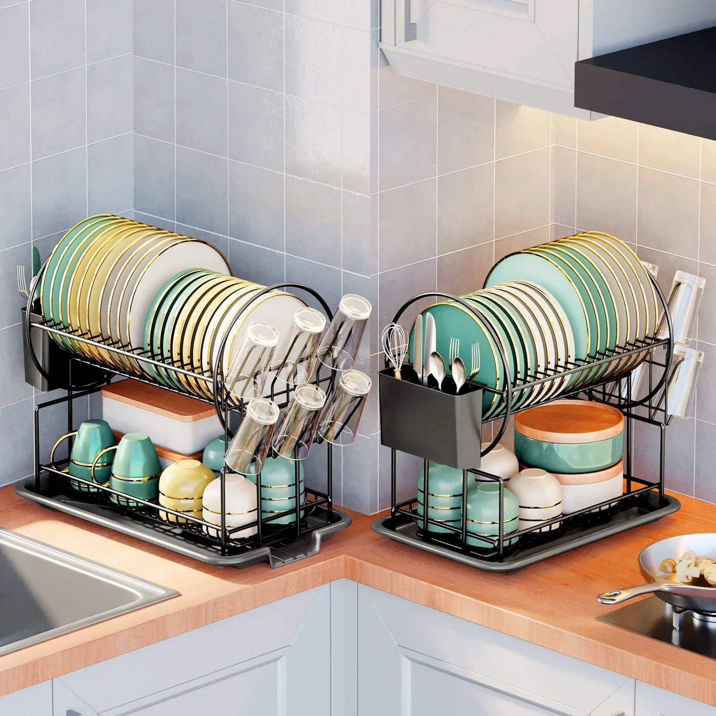 Compact 2-Tier Kitchen Dish Rack with Tray