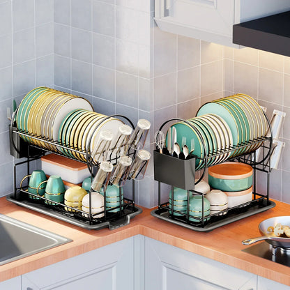 Compact 2-Tier Kitchen Dish Rack with Tray