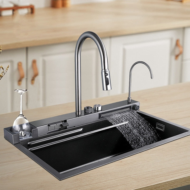 Modern Digital Faucet Cup Rinser Waterfall Kitchen Sink - Pexav