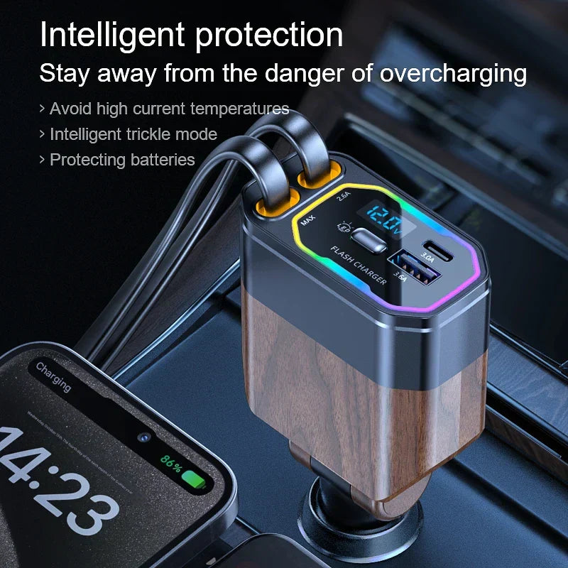 4-in-1 Compact Car Charger with USB-C and Adapter