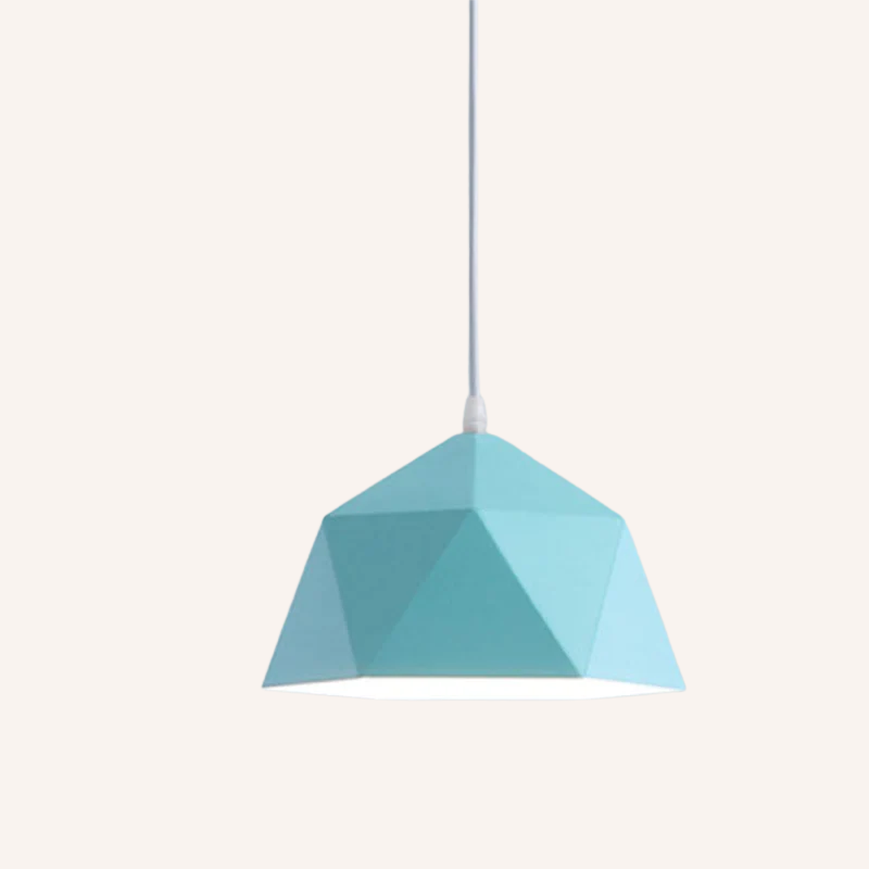 Geometric pendant light with a blue and green gradient on a white background