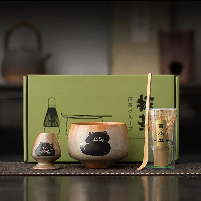 Green Tea Set Kitten Design 4pc Bamboo Spoon Ceramic Mug - Pexav