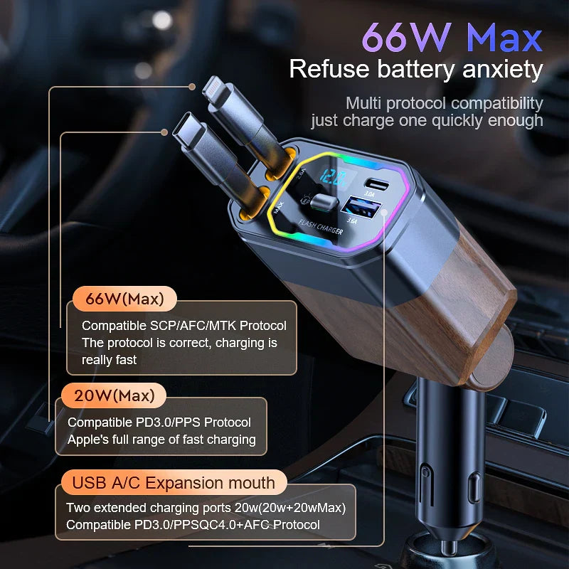 4-in-1 Compact Car Charger with USB-C and Adapter