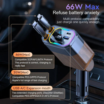 4-in-1 Compact Car Charger with USB-C and Adapter