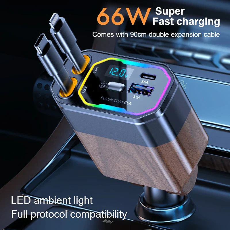 4-in-1 Compact Car Charger with USB-C and Adapter