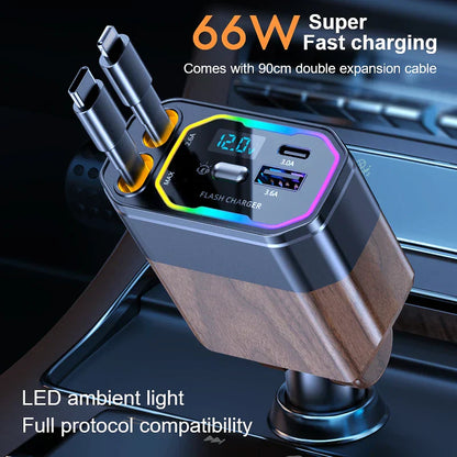 4-in-1 Compact Car Charger with USB-C and Adapter