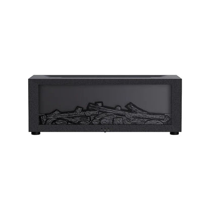 Black fireplace insert with logs on a white background