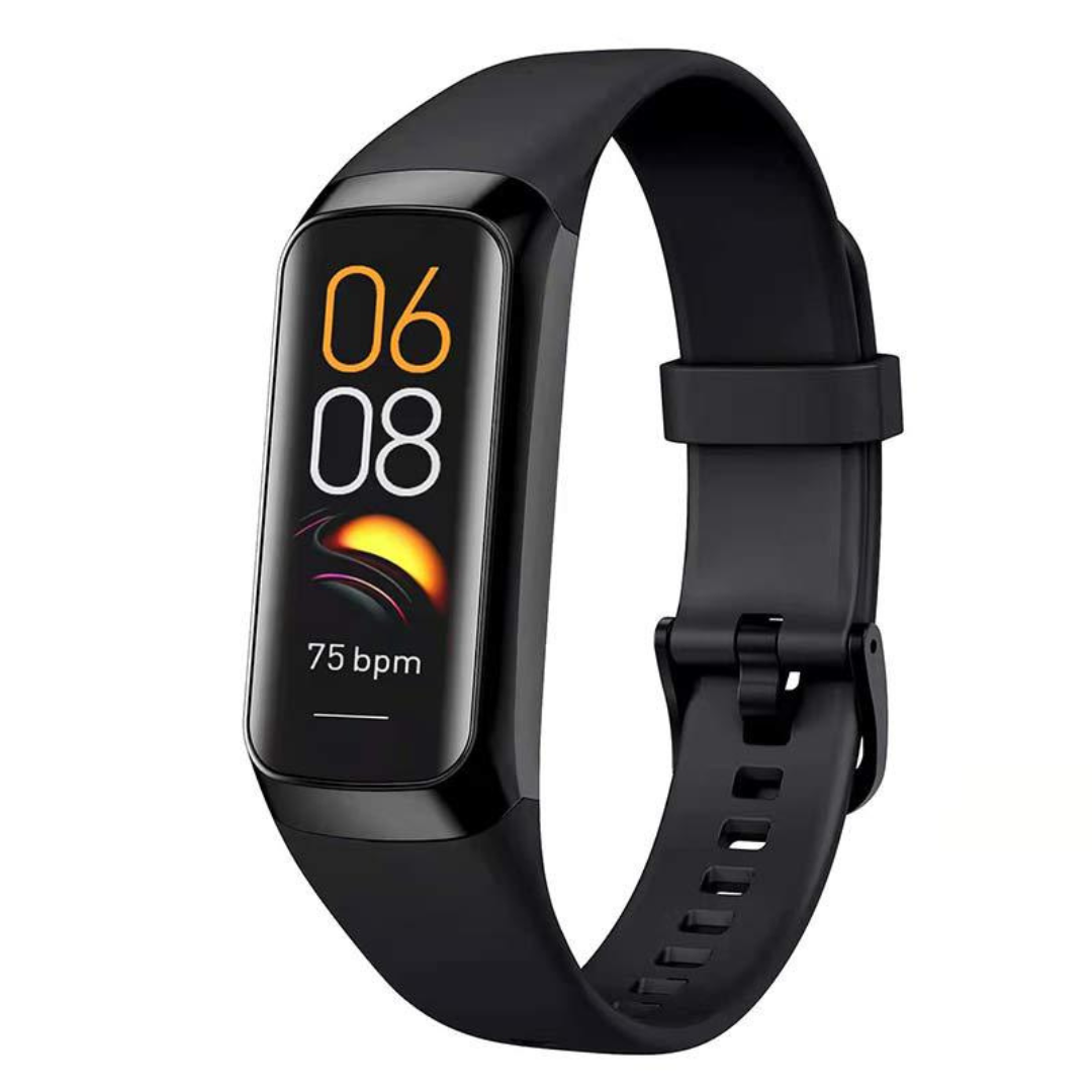 Black smartwatch with a digital display on a white background