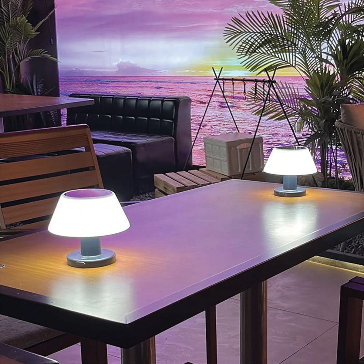 Two table lamps on a table with a scenic view of water and sky in the background.