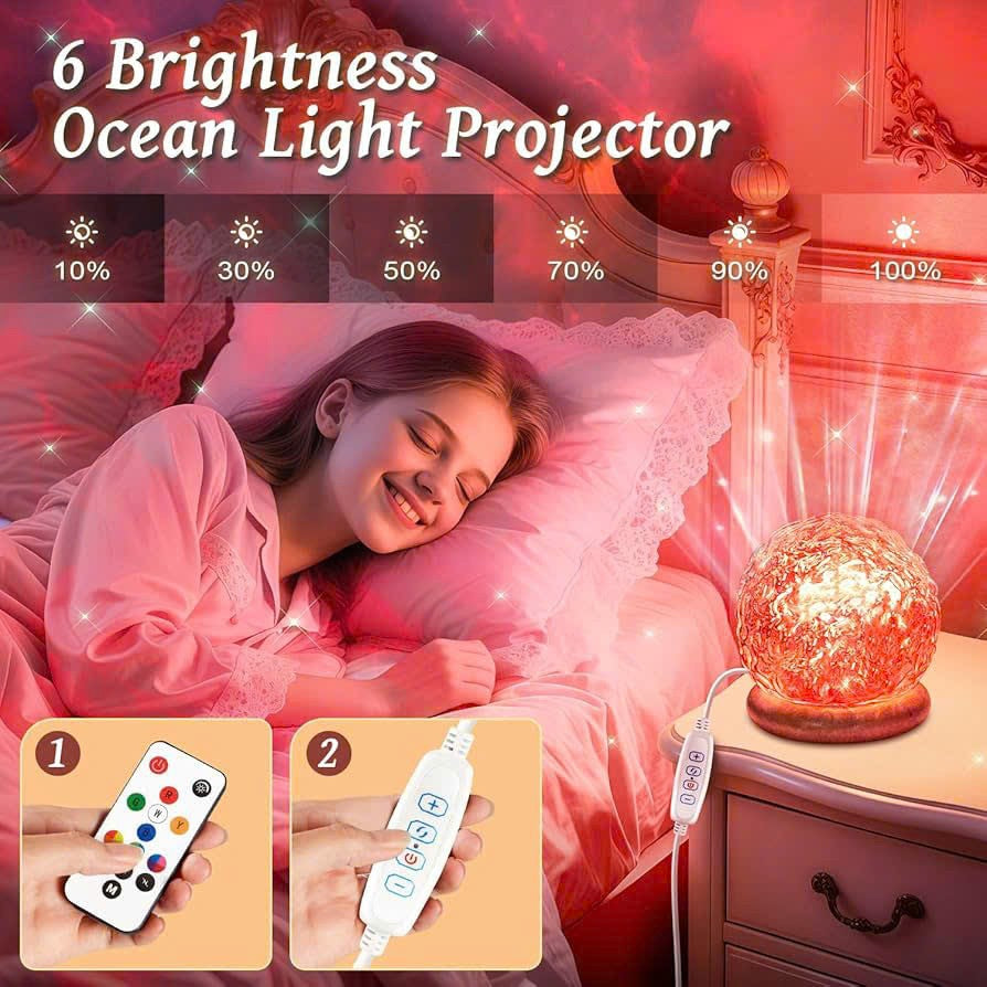 Sphere Style Crystal Ocean Wave Projector Lamp with Wooden Base, Remote Control, and Inline Switch