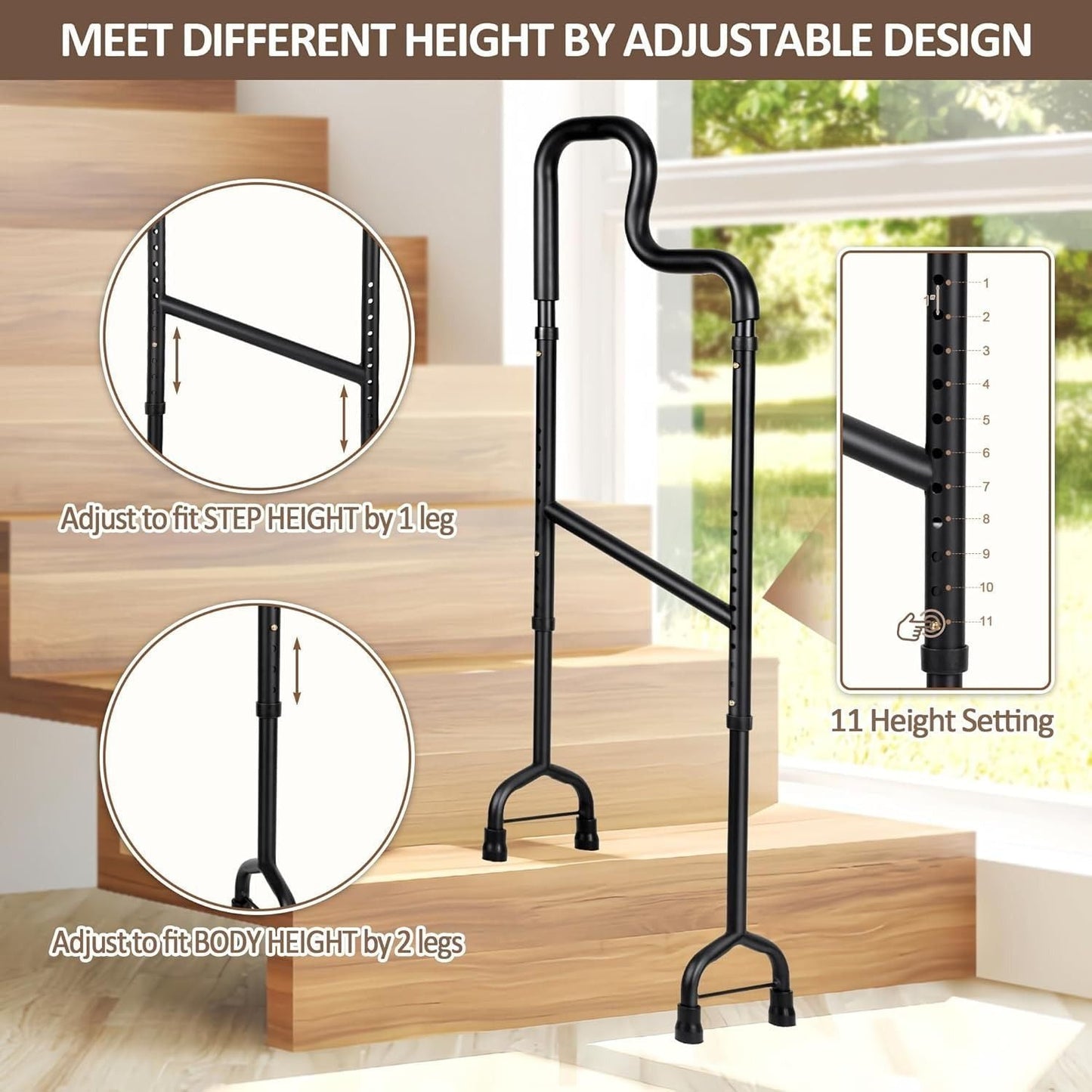Stair Climbing Assist Cane – Adjustable Height Step Aid for Seniors with Hip or Knee Pain, Easy Walk Up or Down Stairs