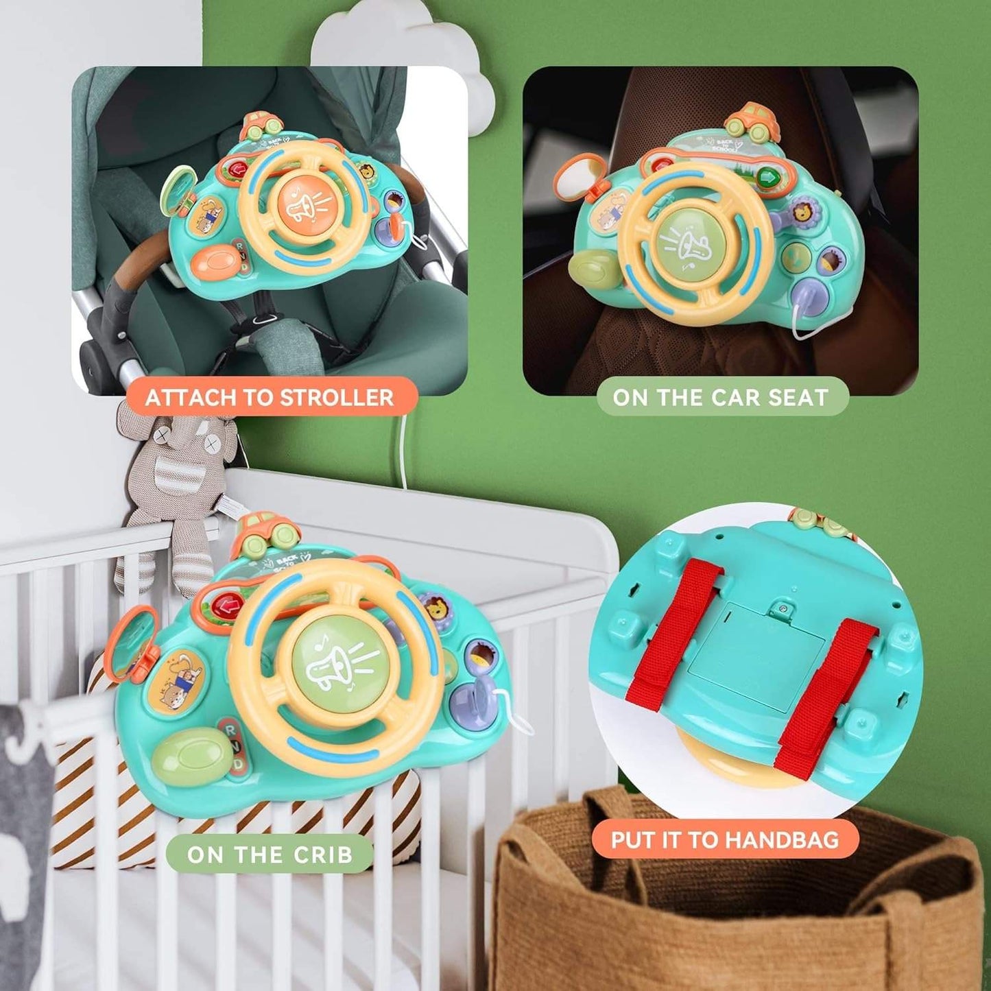 Steering Wheel Toy with Sound, Lights, and Secure Strap – Safe for Ages 18+ Months