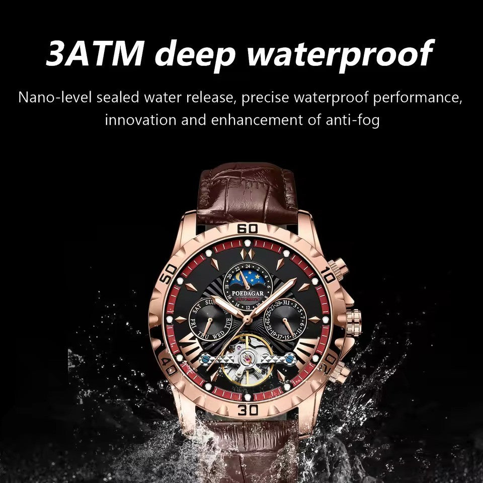 Swiss Brand New Waterproof Automatic Mechanical Watches with Hollow Tourbillon Movement, Skeleton Dial Design