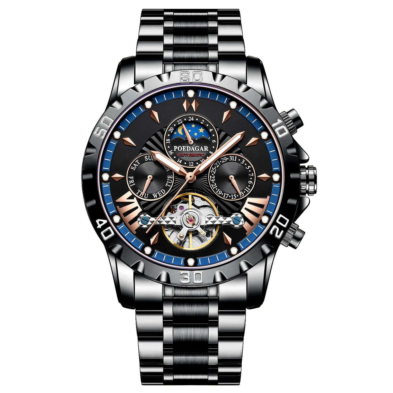 Swiss Brand New Waterproof Automatic Mechanical Watches with Hollow Tourbillon Movement, Skeleton Dial Design