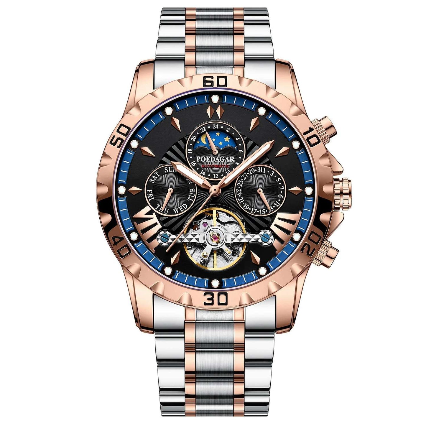 Swiss Brand New Waterproof Automatic Mechanical Watches with Hollow Tourbillon Movement, Skeleton Dial Design