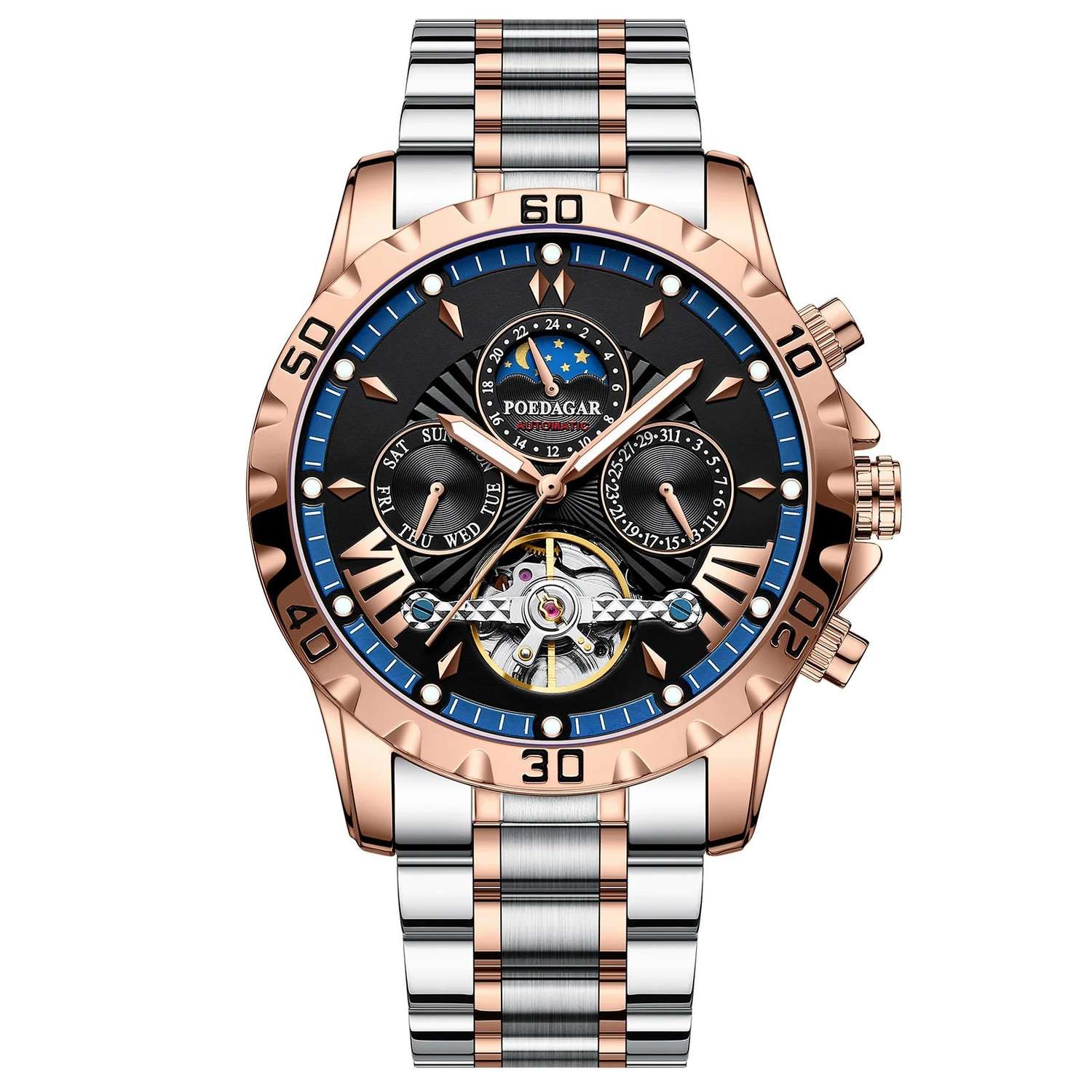 Swiss Brand New Waterproof Automatic Mechanical Watches with Hollow Tourbillon Movement, Skeleton Dial Design