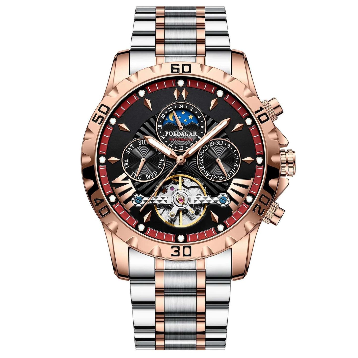 Swiss Brand New Waterproof Automatic Mechanical Watches with Hollow Tourbillon Movement, Skeleton Dial Design
