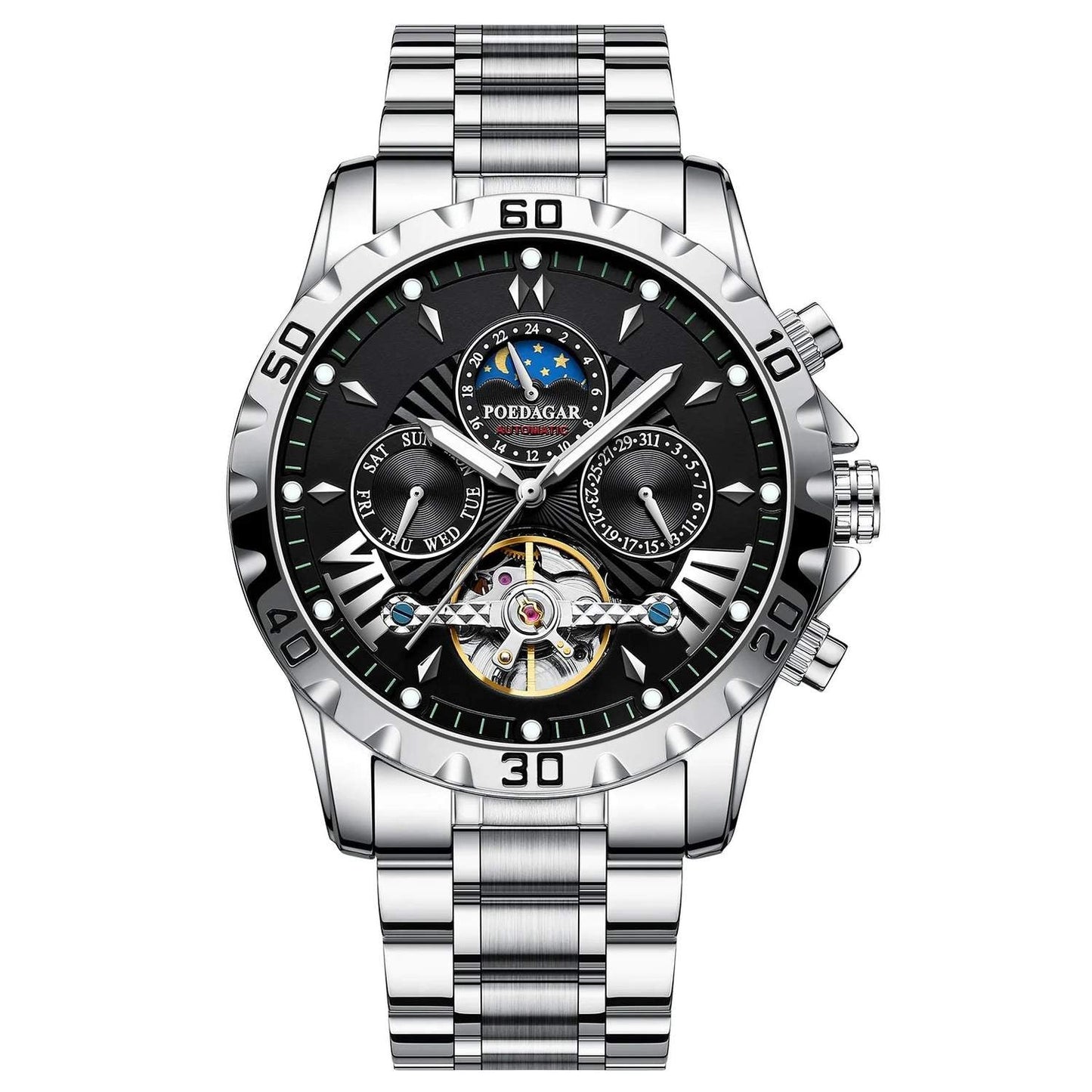 Swiss Brand New Waterproof Automatic Mechanical Watches with Hollow Tourbillon Movement, Skeleton Dial Design