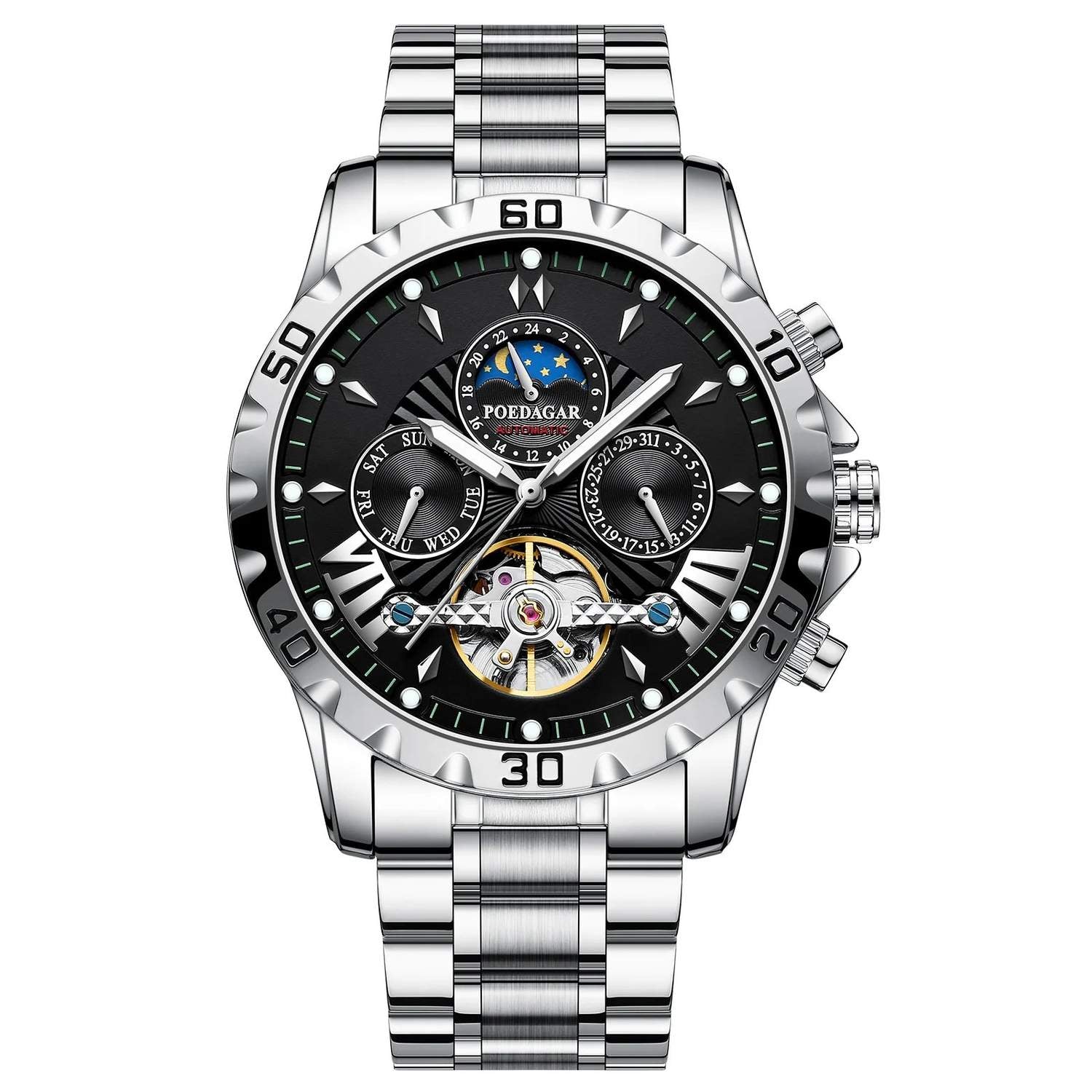 Swiss Brand New Waterproof Automatic Mechanical Watches with Hollow Tourbillon Movement, Skeleton Dial Design