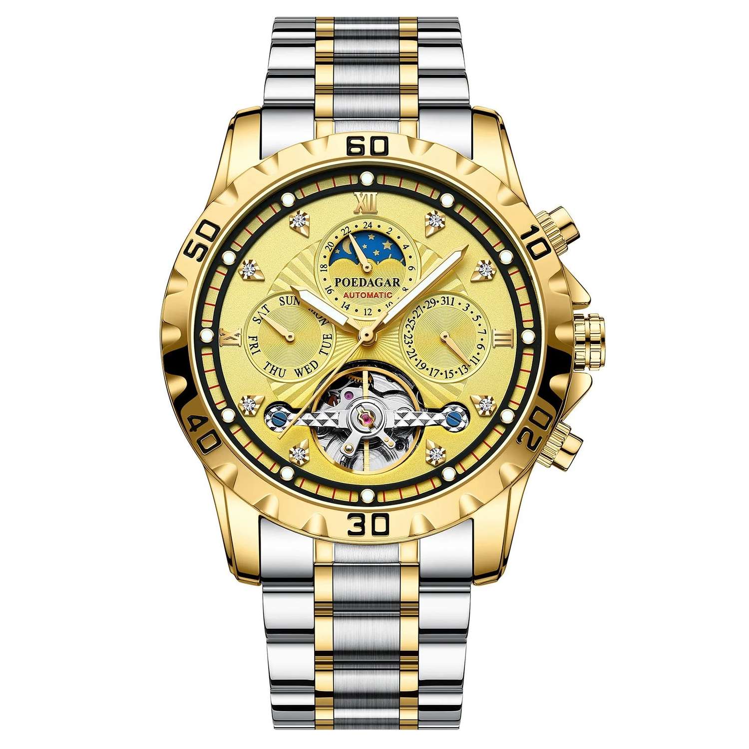 Swiss Brand New Waterproof Automatic Mechanical Watches with Hollow Tourbillon Movement, Skeleton Dial Design