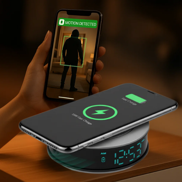 HD Spy Clock with Fast Wireless Charging and Motion Alert - Pexav
