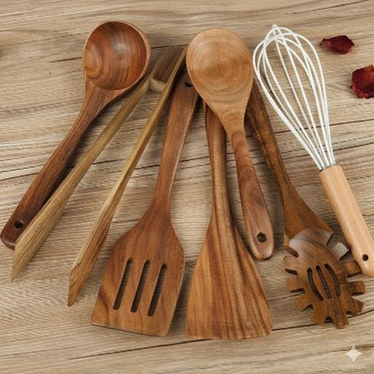 Premium Wood Kitchen Tool Set 7 Piece Non Stick Friendly - Pexav