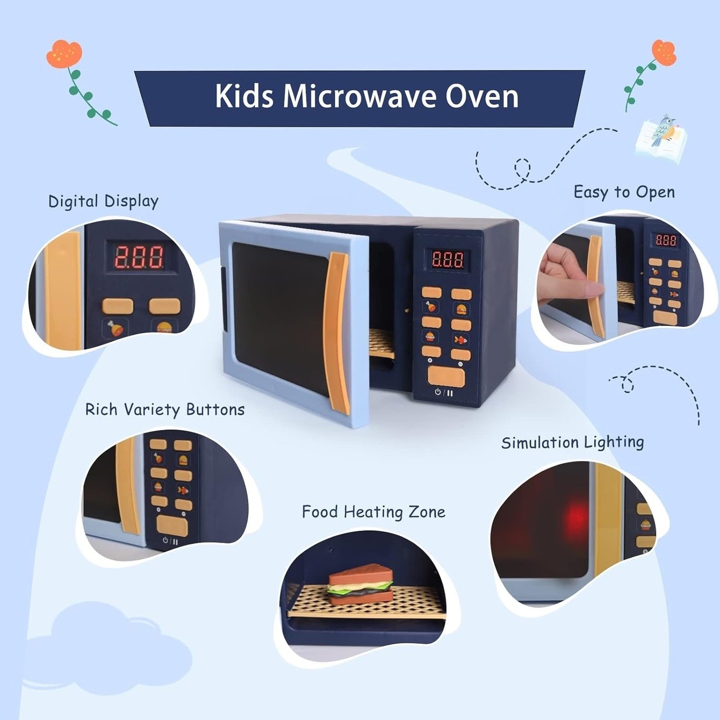 Toy Microwave Oven Playset, Light Effects, Realistic Sounds, Interactive Pretend Cooking, Safe for Ages 3+