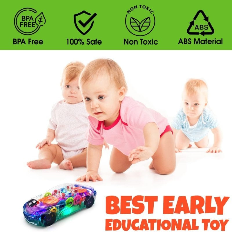 Transparent Gear Car with Lights and Music, Sensory development, Battery operated, Safe For Ages 6 month+