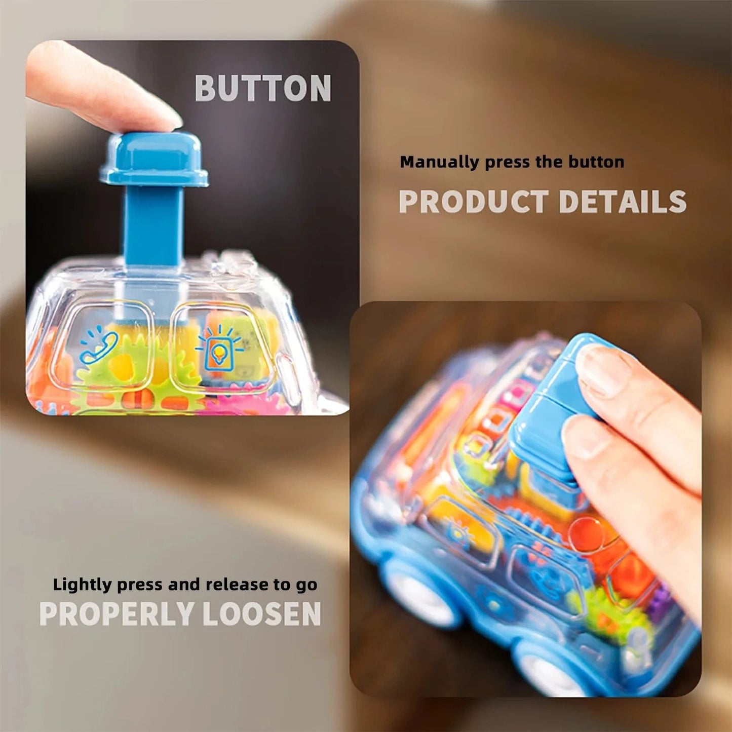 Transparent Gear Car with Push-Button Action, Hand-Eye Coordination Boost, No Batteries Needed, Safe for Ages 3+