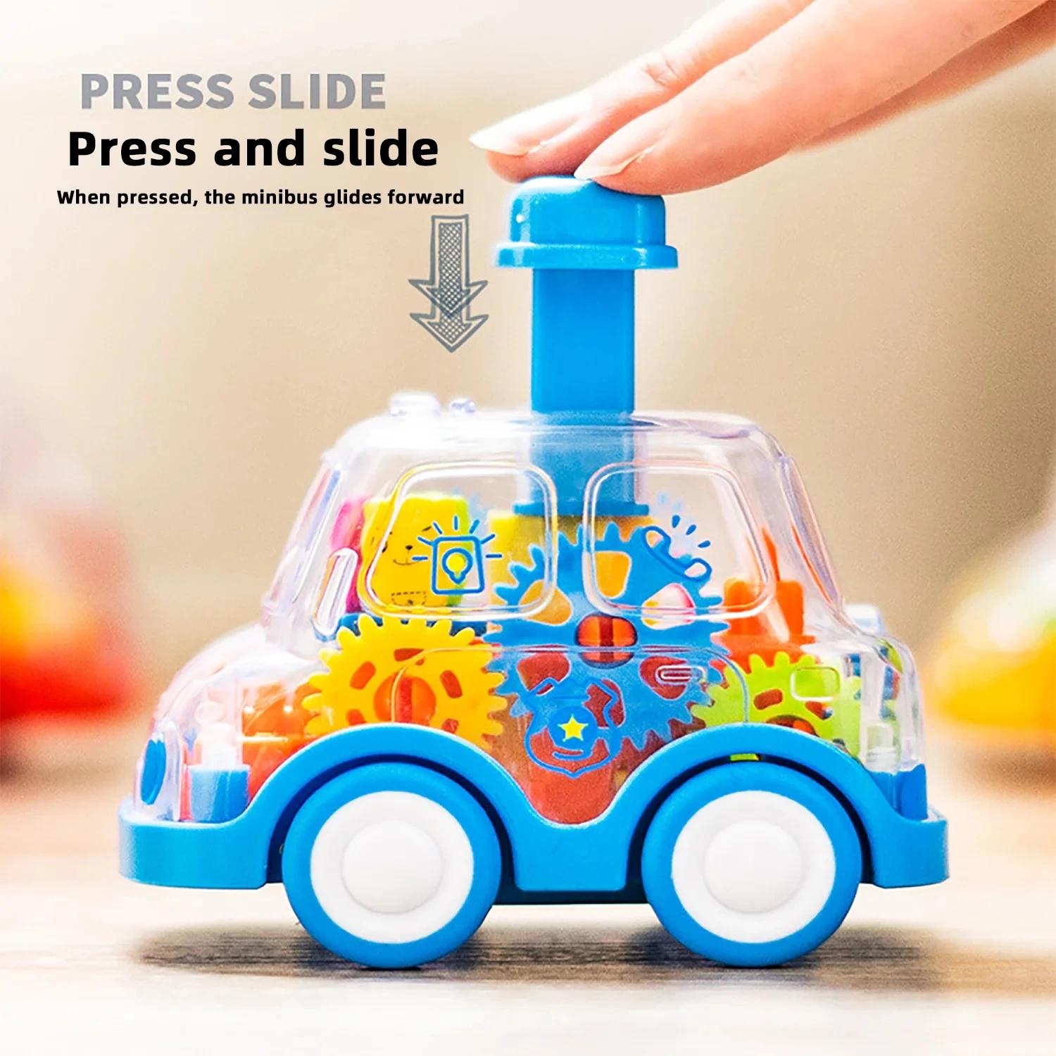 Transparent Gear Car with Push-Button Action, Hand-Eye Coordination Boost, No Batteries Needed, Safe for Ages 3+
